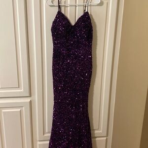 SHEIN purple sequined ball gown. Spaghetti strap